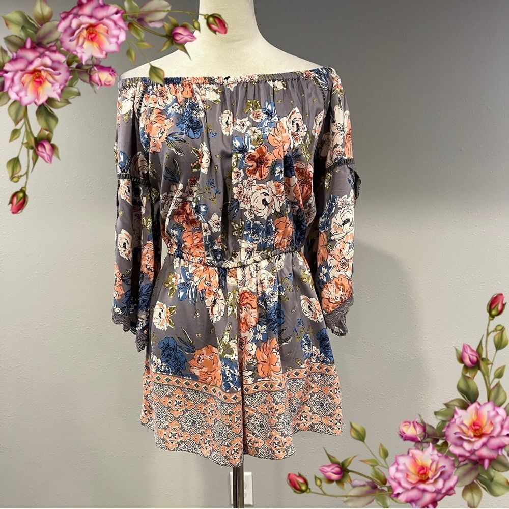 Angie long sleeve off-shoulder romper with a floral pattern cottagecore
